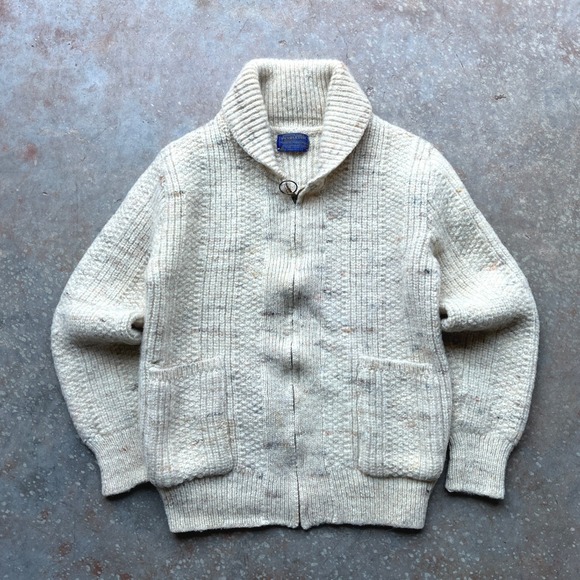 Pendleton Sweaters - Pendleton Vintage Wool Shawl Collar Zip Cardigan Sweater Cream Fleck USA Large
